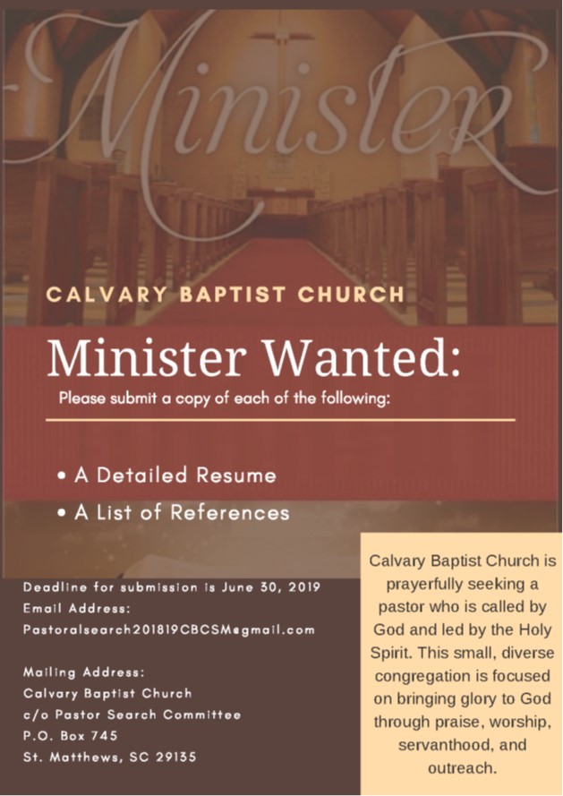 Calvary Baptist Church Pastor Vacancy Announcement Gethsemane Baptist